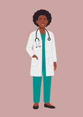 flat design illustration of a black female doctor. full body, medical uniform, medicine, professional woman. editable vector