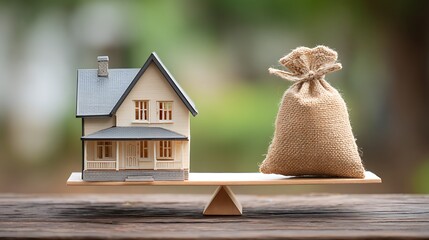 Home loan, reverse mortgage and saving for a real estate concept : House model, loan bag on basic balance scale, depicts saving for a house or flat manageable and turn a home.
