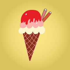 Ice Cream in Waffle Cone Cartoon Illustration