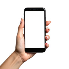 Hand holding blank smartphone device against a solid black background