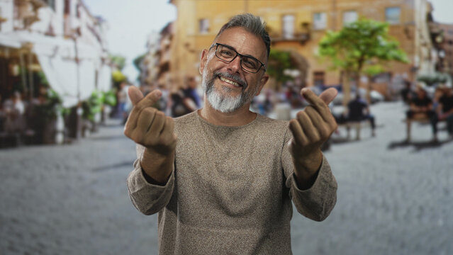 Middle age man smiling and making finger heart with both hands while wearing glasses in a crowded city street; joy connection.