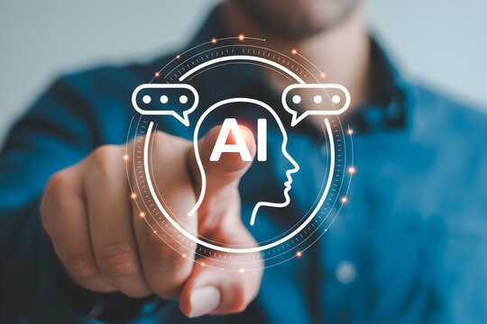 Man interacts with artificial intelligence interface showcasing ai technology and machine learning highlighting the future of human computer interaction and digital transformation - Powered by Adobe