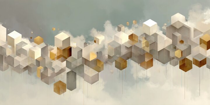 Floating cubic composition in soft gold and ivory tones forming geometric abstract cloud cluster for modern branding.
- Powered by Adobe