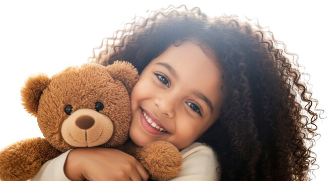 Joyful young child hugs beloved teddy bear capturing childhood innocence and affection transparent background - Powered by Adobe
