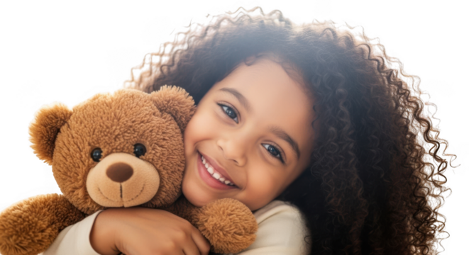Joyful young child hugs beloved teddy bear capturing childhood innocence and affection transparent background