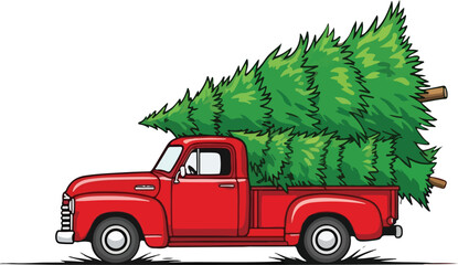 Red vintage truck carrying a large christmas tree
