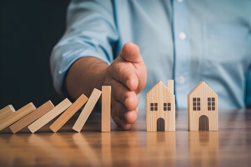 Hand stopping domino effect near wooden houses representing home protection insurance and risk management showcasing property safety and financial security with a focus on stability