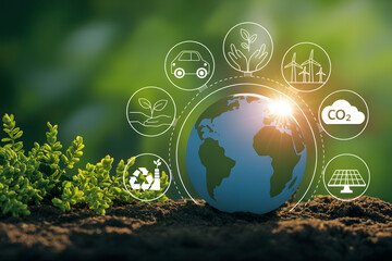 Earth globe with renewable energy icons symbolizes environmental sustainability and ecofriendly practices for a greener future promoting climate action and responsible consumption for a healthy planet