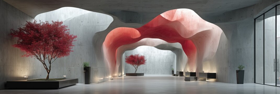 Contemporary architectural hallway with sculptural red and white tunnel arches and illuminated trees for premium visual design.

