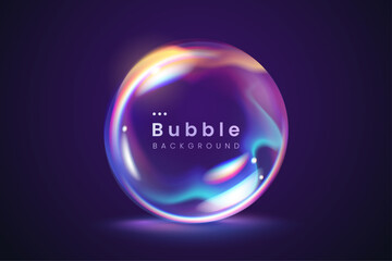Vibrant 3D bubble with glossy iridescent reflections floating on a dark gradient background. Transparent glass ball with colorful light effects, soft highlights. Ideal for background, banner, poster.