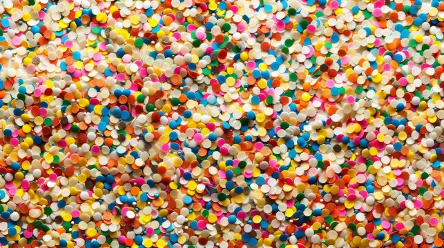 Macro flat lay of colorful candy confetti sprinkles. Festive sweet food background for baking and party celebration. Abstract vibrant sugar decoration texture