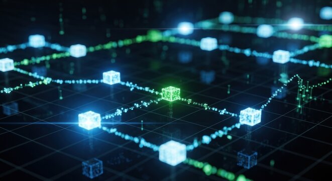 Futuristic Blockchain Network - Interconnected Nodes and Data Transmission.