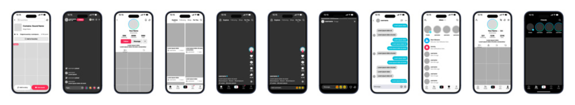 TikTok full UI mockup showing video reels, friends, explore, profile, shops, messages, DM bubble chat, and original audio in a modern mobile layout vector illustration