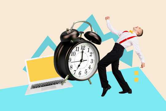 Template sketch image composite collage of young gentleman walk big size clock laptop remote target stats analyzing goal business arrow - Powered by Adobe