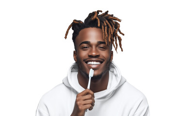 Smiling man holding a toothbrush on transparent background