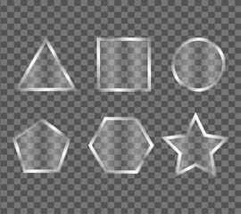 Geometric Glass Frames: Transparent Vector Shapes with Silver Borders (Triangle, Square, Circle, Star) for UI Design, Overlays, and Display Elements