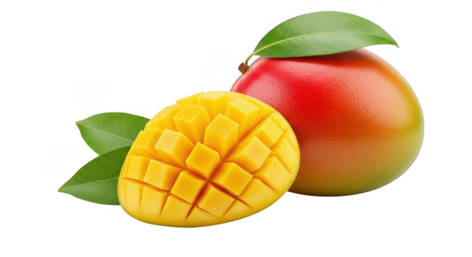 Vibrant ripe mangoes tropical fruit slice with green leaves isolated transparent background - Powered by Adobe