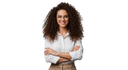 Smiling woman with curly hair wearing a blouse and pants in a studio portrait transparent background