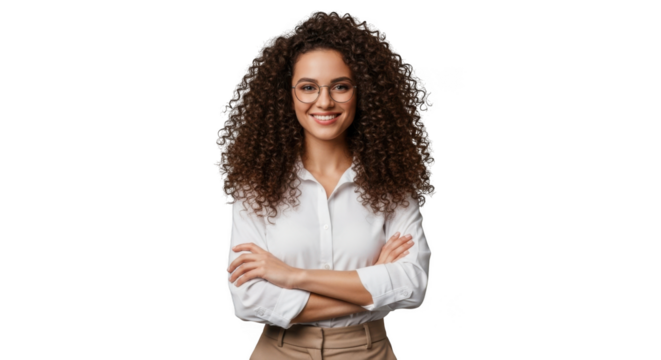Smiling woman with curly hair wearing a blouse and pants in a studio portrait transparent background