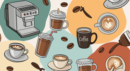 Coffee Brewing Action, Coffee Beverages, Kitchen Counter, Illustration, Warm Environment, Top View, Coffee Culture Exploration