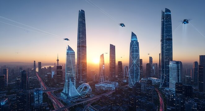 Futuristic Cityscape at Dusk: Advanced Skyscrapers, Flying Drones, and Neon Lights Illuminate a Modern Metropolis