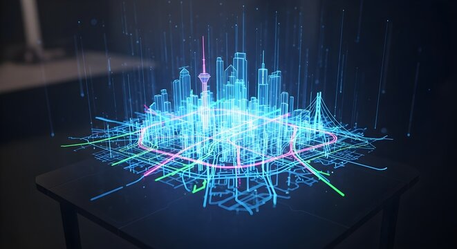 Futuristic Holographic Cityscape with Digital Network Overlay, Smart City Technology Concept