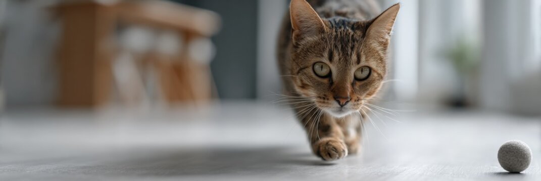 Focused domestic tabby cat stalking gray ball on smooth floor