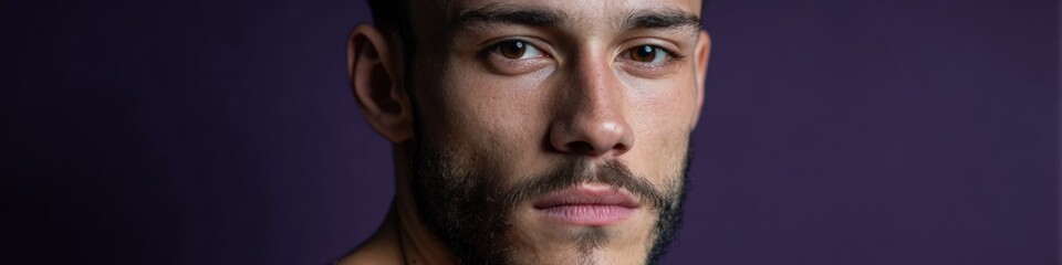 Obraz premium Serious young caucasian male with beard against purple background