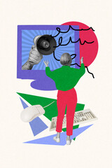 Trend banner artwork 3d photo collage of anonym businesswoman stand back pc monitor fake news propaganda brainwash tattle