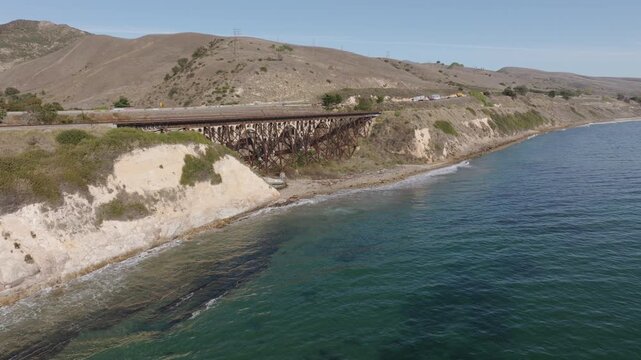 Gaviota, California - Gaviota Bridge Aerial View With Train Tracks and Rest Area in Santa Barbara County, Next to the US Route 101 Freeway, Next to the Pacific Ocean on a Sunny Day