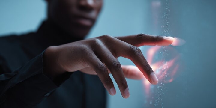 African male interacting with futuristic touchscreen technology
