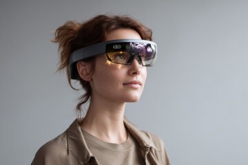 Young caucasian female exploring augmented reality with smart glasses