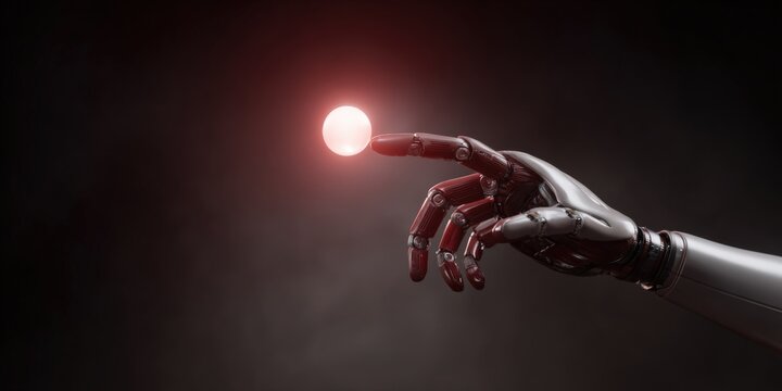 Robotic hand reaching glowing red orb in dark space
