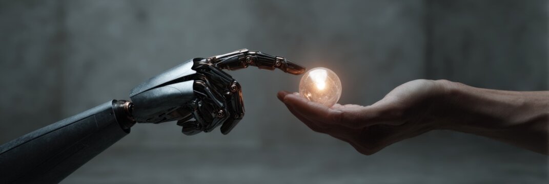 Human and robotic hands touching a glowing orb in a futuristic setting