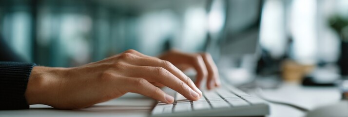 Close-up of hands typing on keyboard in an office setting