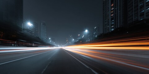 Night cityscape with light trails on urban road