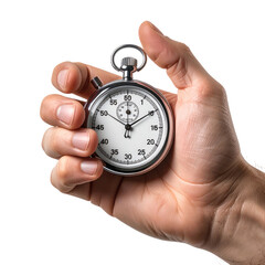 Hand holding a metallic stopwatch against a black background