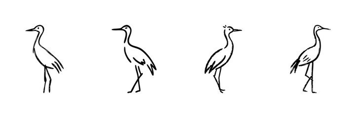 Naklejka premium Four Crane Bird Line Icons In Doodle Style. Elegant Bird Silhouettes, Wildlife And Nature Representation Outline Sketch Collection. Hand Drawn Isolated Vector Illustration