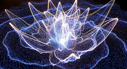A luminous abstract formation resembling a blooming flower. Constructed from swirling particles, it radiates light and energy. The center is bright, surrounded by darker layers