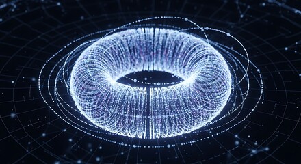 A luminous, donut-shaped structure, composed of countless particles, floats in a digital grid. Animated streaks surround it