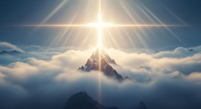 A luminous cross beams down upon a snowy peak, rising above billowing clouds, with radiant light streaks extending outward