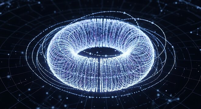 A luminous, donut-shaped structure, composed of countless particles, floats in a digital grid. Animated streaks surround it