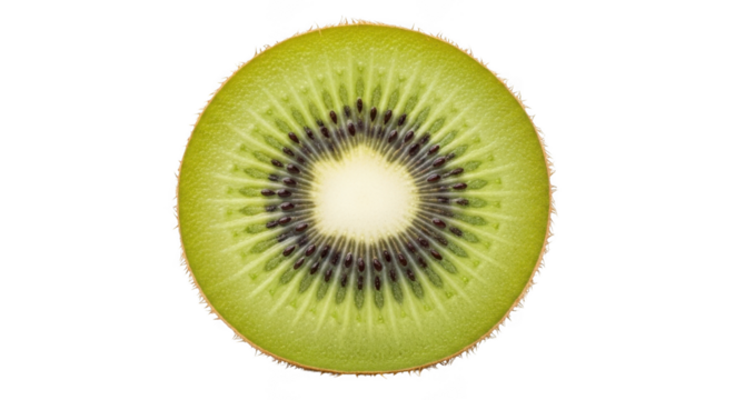 Vibrant half kiwi fruit slice detailed texture closeup shot transparent background