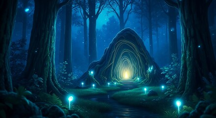 A luminous, mystical forest scene with glowing orbs leading toward a portal-like opening in a large rock formation. Deep blue hues