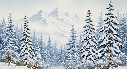 Fototapeta premium Winter landscape with snow covered fir trees and mountains in the background on a cold winter day