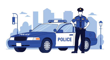 Flat vector illustration of police officer standing beside patrol car on city street. Solid colors, clean minimal shapes, no gradients, concept of public safety and urban law enforcement © meeblues