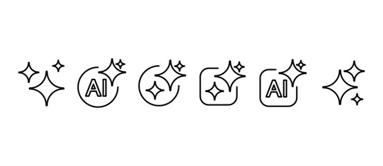  Artificial Intelligence sparkling symbol. AI generate star icon collection. Sparkling star with square and round buttons. Artificial Intelligence star logo. Digital brain, media, multimedia, button.