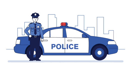 Flat vector illustration of police officer standing beside patrol car on city street. Solid colors, clean minimal shapes, no gradients, concept of public safety and urban law enforcement © meeblues
