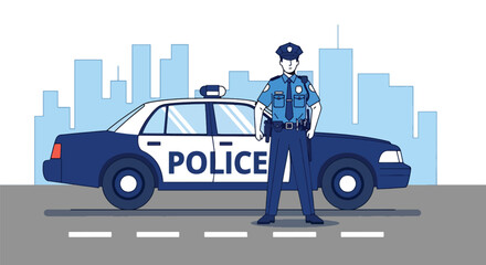 Flat vector illustration of police officer standing beside patrol car on city street. Solid colors, clean minimal shapes, no gradients, concept of public safety and urban law enforcement © meeblues