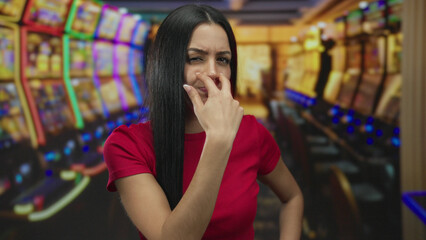 Woman pointing finger in colorful casino setting with slot machines blurred in background suggesting an engaging indoor gambling experience.